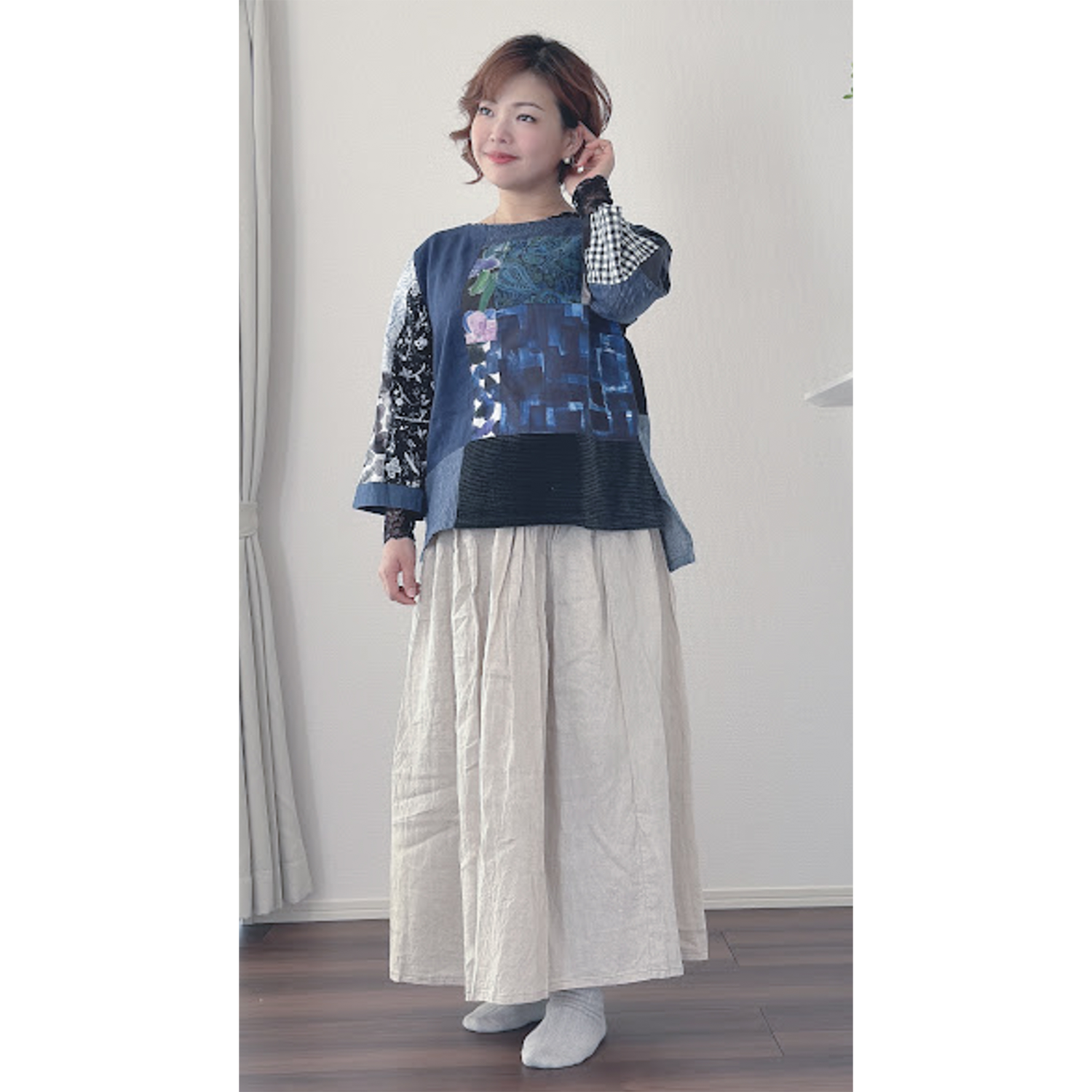 【203】パッチワークボートネックシャツ(青系)[ezu(旧:リップル洋品店)]